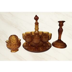 Vintage Amber Indiana Glass Decanter Set + Fenton Fairy Lamp & Candlestick